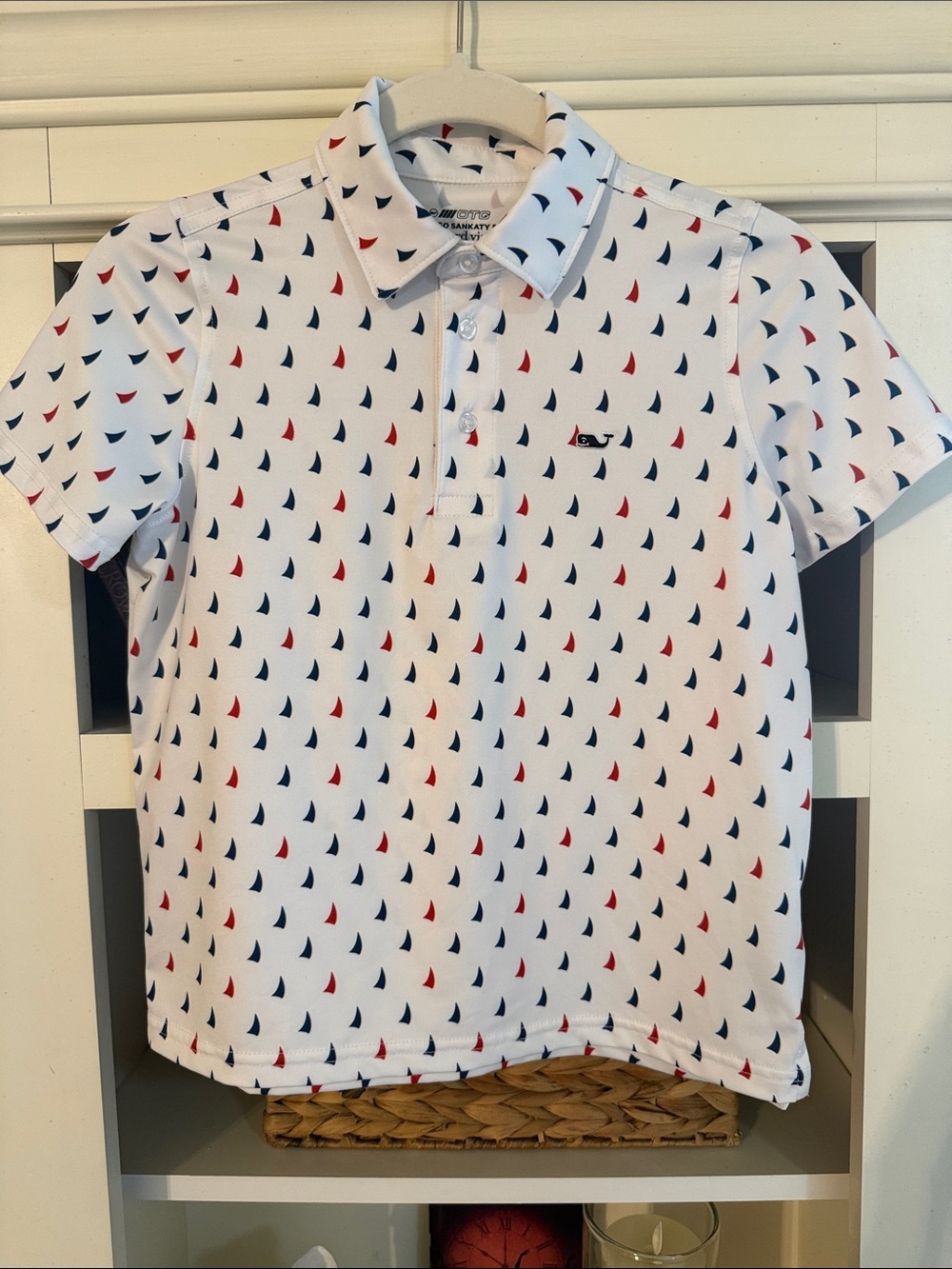 Boys White Polo Shirt with Red & Navy Sail Pattern